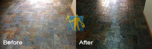 Frankston slate floor before and after cleaning and sealing