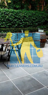 Gold Coast/Steiglitz bluestone tiles black outdoor white grout lines with furniture