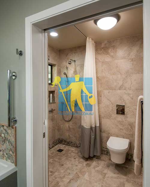 Kananook Contemporary Master Bathroom with_flush light and yellow Polished Limestone Slab and Rain shower
