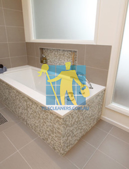 contemporary bathroom with bath tub brown beige color with white grout Sydney/Macarthur/Harrington Park