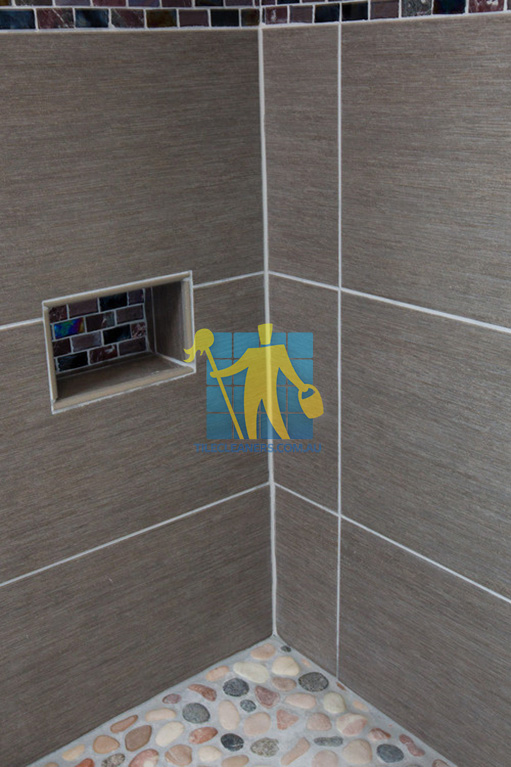Seddon large format dark porcelain tile on shower walls with grey grout lines