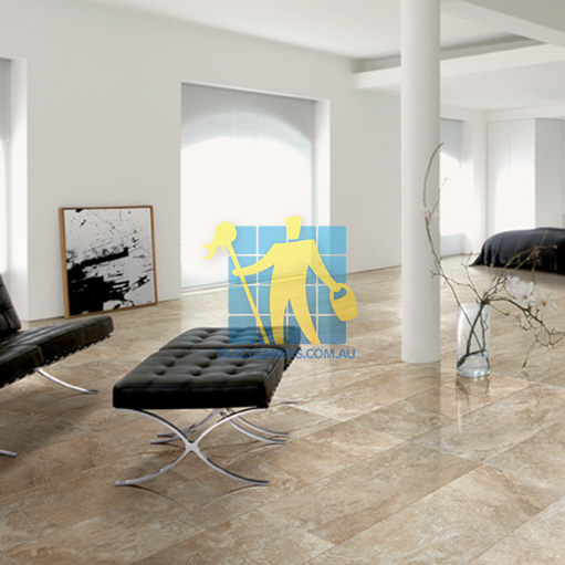 Waterloo Corner modern living room with textured rectangular porcelain tiles on floor