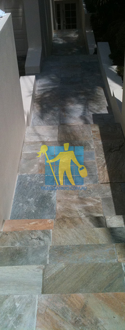 clean slate tiles unsealed after stripping and cleaning outdoor entry stairs Brisbane/Eastern Suburbs/Morningside