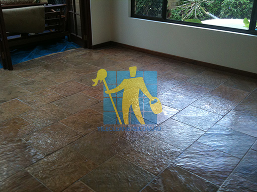 Canberra sealed tiles that look like slate in empty squre room with light irregular size sealed with matt finish sealer