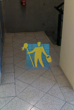 terrazzo tiles floor dark grout dirty before cleaning tiny hallway designer pattern Adelaide/Charles Sturt/Flinders Park