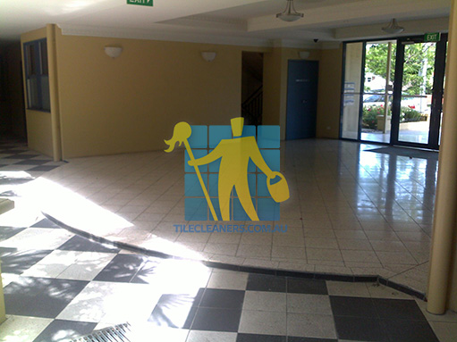 terrazzo tiles building entrance empty before cleaning angle shot Broadbeach