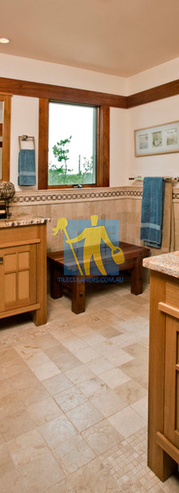 travertine tiles floor bathroom tumbled with mosaic corner wooden cabinets Adelaide/Tea Tree Gully/Highbury