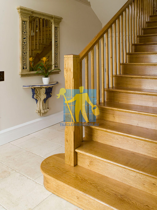 Bendigo marble tile tumbled acru hallway wood staircase