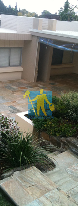 outdoor backyard and stairs with slate tiles natural unsealed irregular pattern large area Gold Coast/Ormeau
