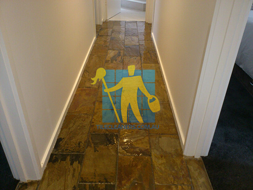 slate tiles in hallway regular shape regular size sealed with high gloss sealer wet look