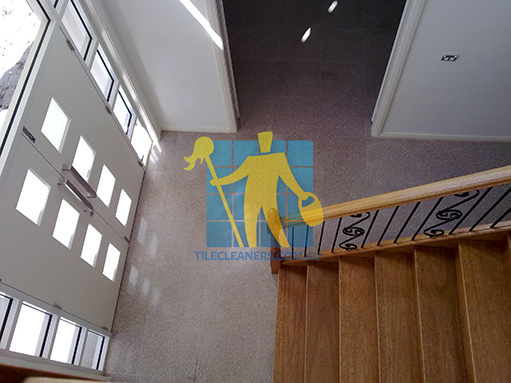 terrazzo tiles indoor top shot timber stairs before cleaning empty Cremorne