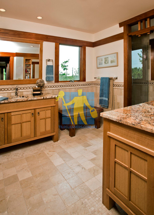 travertine tiles floor bathroom tumbled with mosaic corner wooden cabinets Armstrong Creek