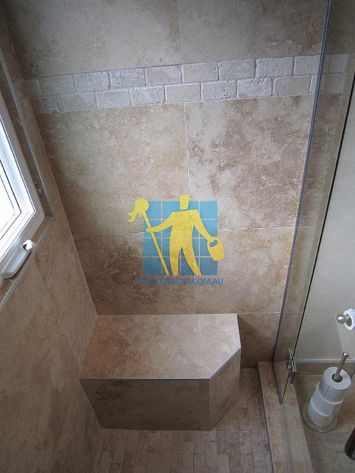 travertine tiles floor wall bathroom natural stone shower with seat Glen Iris
